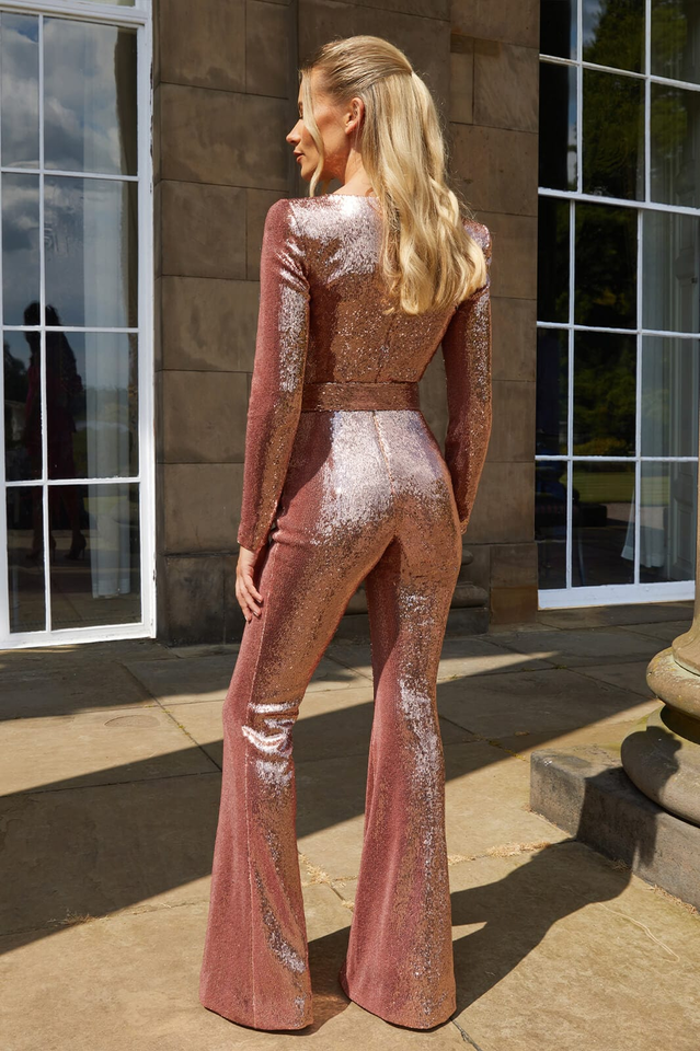 W&W Mode Damen Pailletten Jumpsuit Elegant Party Overall Langarm