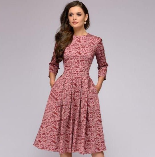 W&W Mode | Lässiges Mittellanges Kleid mit Rundhalsausschnitt Blumendruck und Taschen