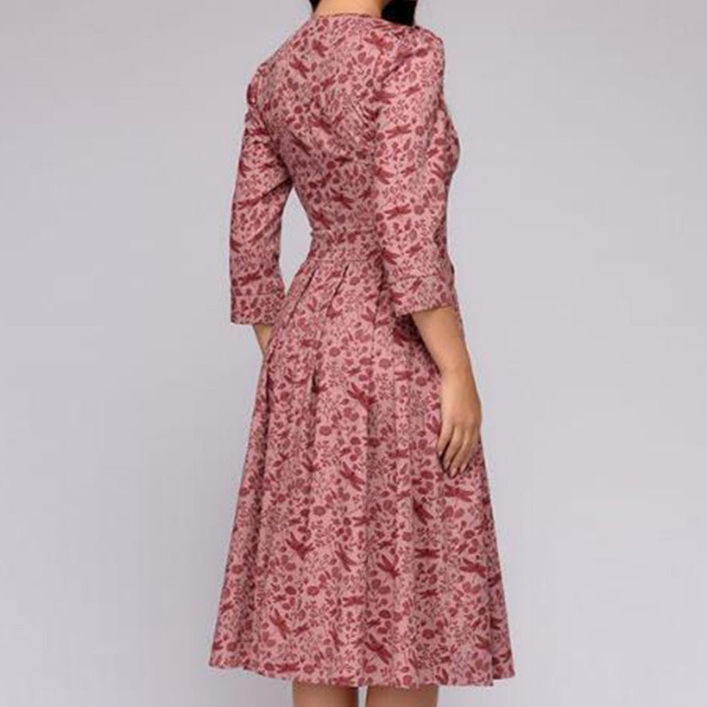 W&W Mode | Lässiges Mittellanges Kleid mit Rundhalsausschnitt Blumendruck und Taschen