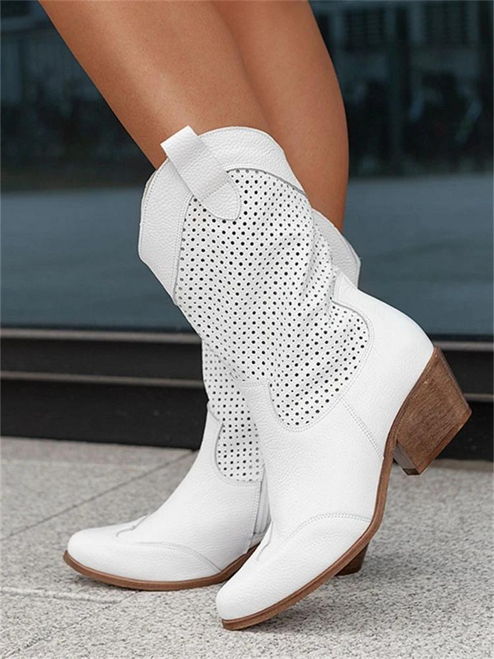 W&W Mode | Weiße Durchbrochene Cowboy-Stiefel mit Flachem Absatz für Damen