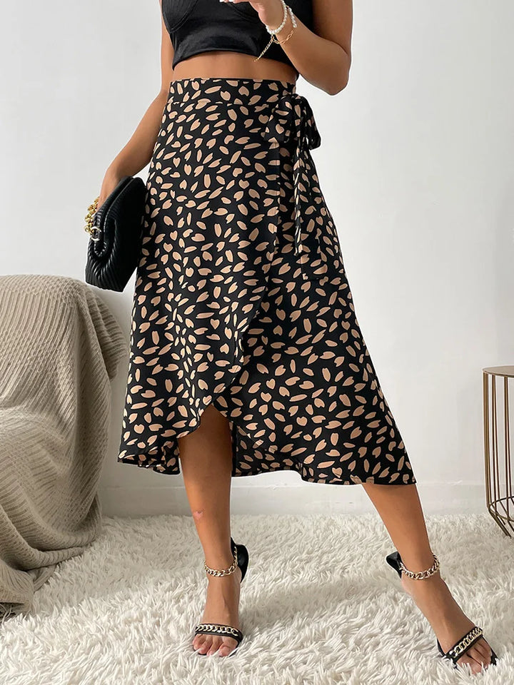 Damen-A-Linien-Rock mit hoher Taille, Bindeseite und asymmetrischem Saum
