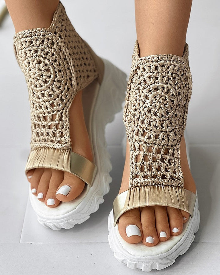 W&W Mode Geflochtene Geometrie-Sandalen | Damen Sommer Keilsandalen