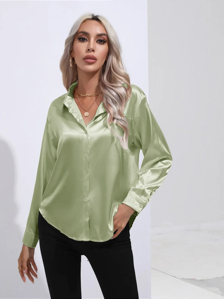 W&W Mode | Elegante Satinbluse Mit V-ausschnitt & Langen Ärmeln