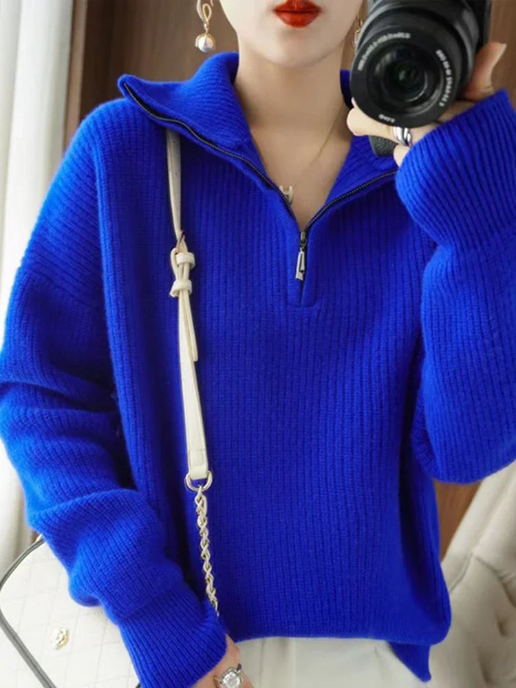 Gestreifter Turtleneck Damenpullover mit Reißverschluss