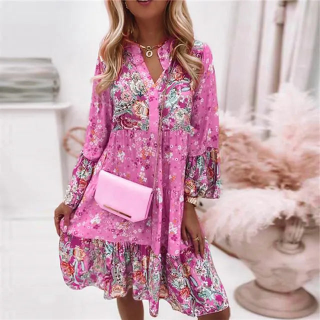 W&W Mode | Bohème Blumen Kleid mit langen Ärmeln für Damen