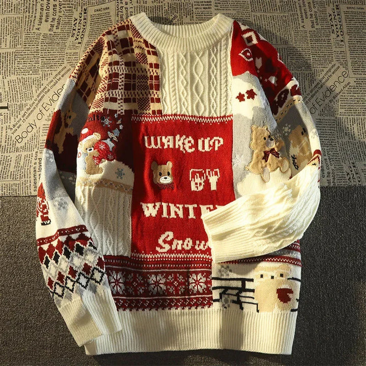 W&W Mode -Hässlicher Weihnachtspulli - Lockerer Retro-Pullover mit V-Ausschnitt und Farbblock-Design
