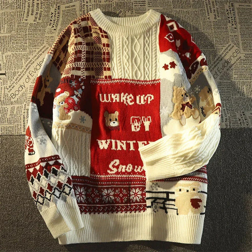 W&W Mode -Hässlicher Weihnachtspulli - Lockerer Retro-Pullover mit V-Ausschnitt und Farbblock-Design