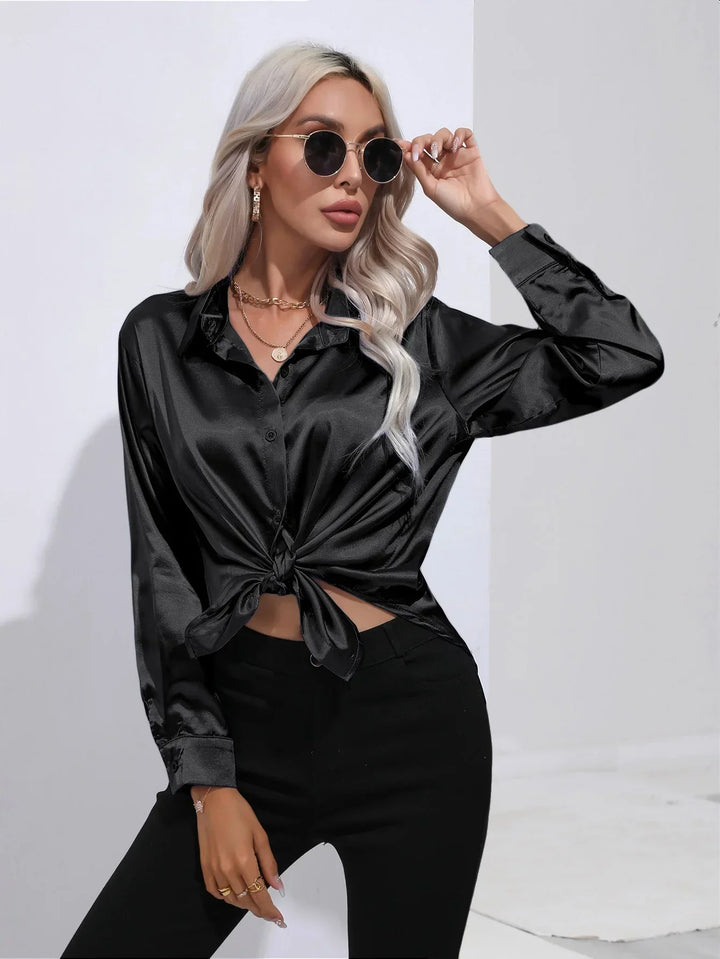 W&W Mode | Elegante Satinbluse Mit V-ausschnitt & Langen Ärmeln