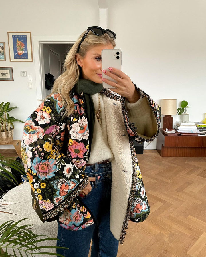 Damen Mantel aus Plüsch-Baumwoll-Mix mit Blumenmuster