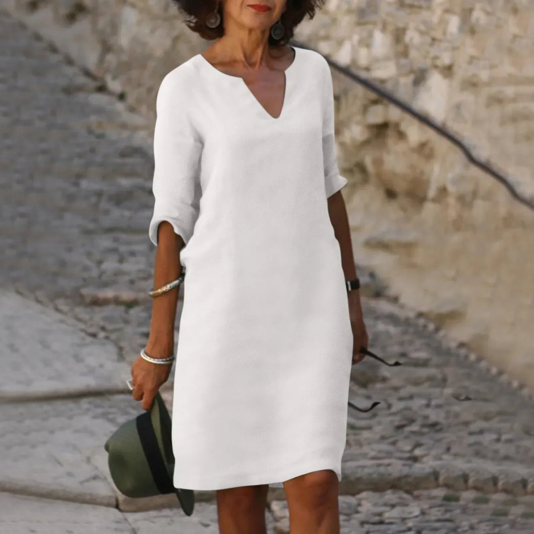 W&W Mode | Damen Baumwoll Leinen V-Ausschnitt Kleid Mit Halben Ärmeln