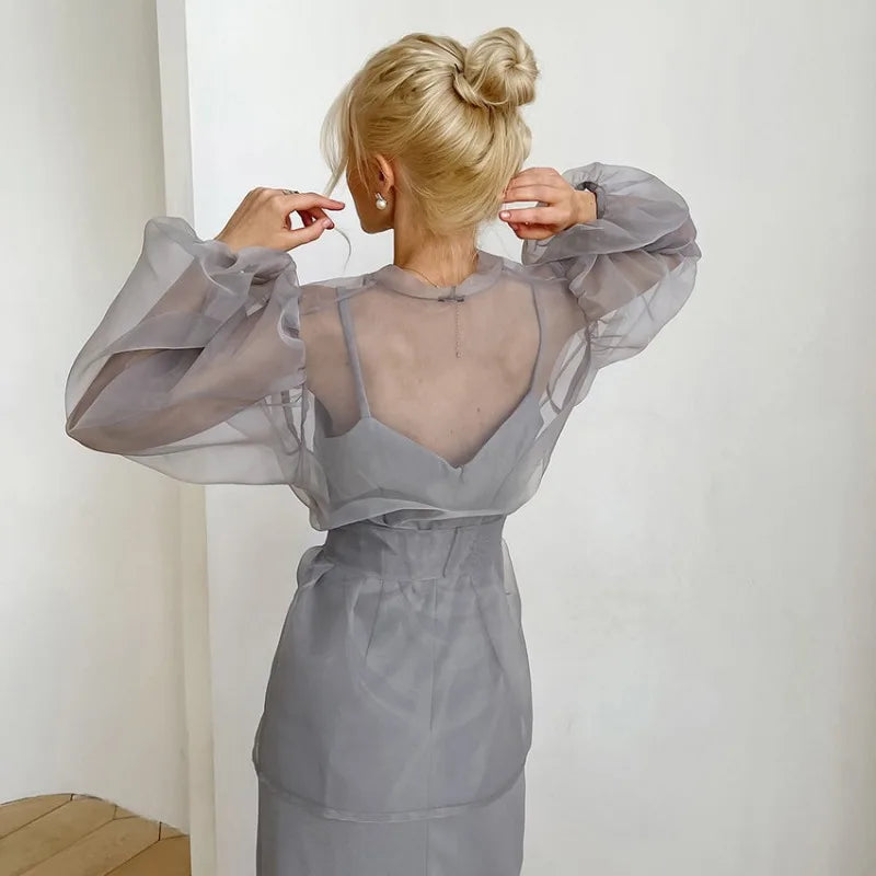 Damen Organza-Bluse mit Bindegürtel und transparentem Stoff