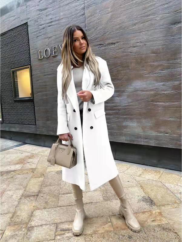 W&W Mode Attraktiver Herbst-Wollmantel | Damen Retro Mode Schwarzer Langarm-Mantel