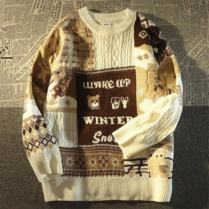 W&W Mode -Hässlicher Weihnachtspulli - Lockerer Retro-Pullover mit V-Ausschnitt und Farbblock-Design
