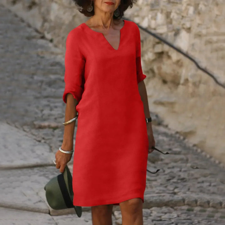 W&W Mode | Damen Baumwoll Leinen V-Ausschnitt Kleid Mit Halben Ärmeln