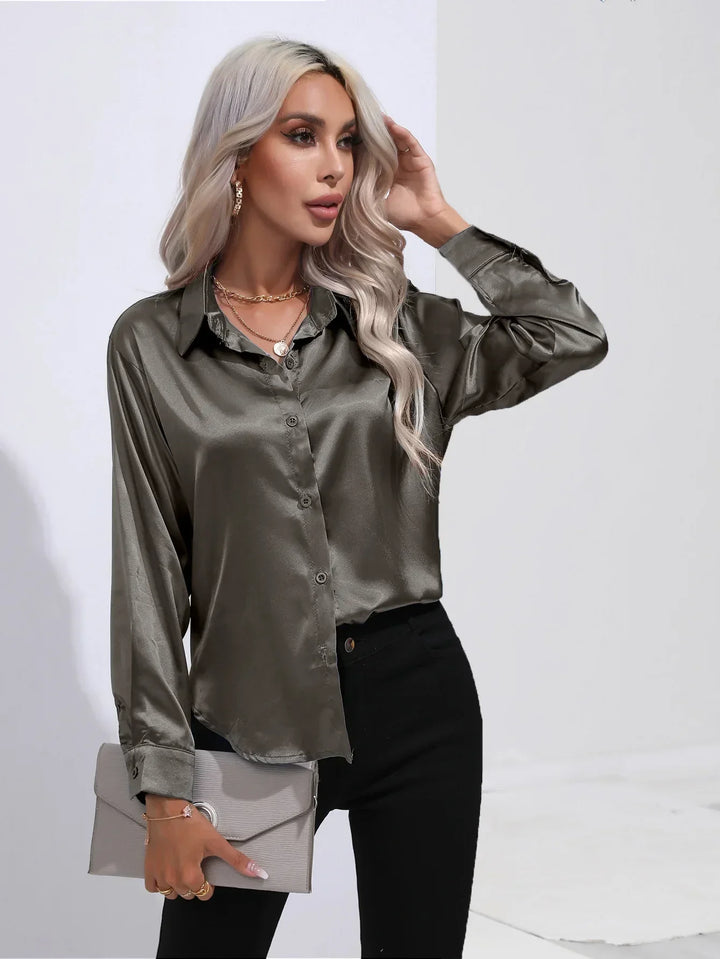 W&W Mode | Elegante Satinbluse Mit V-ausschnitt & Langen Ärmeln