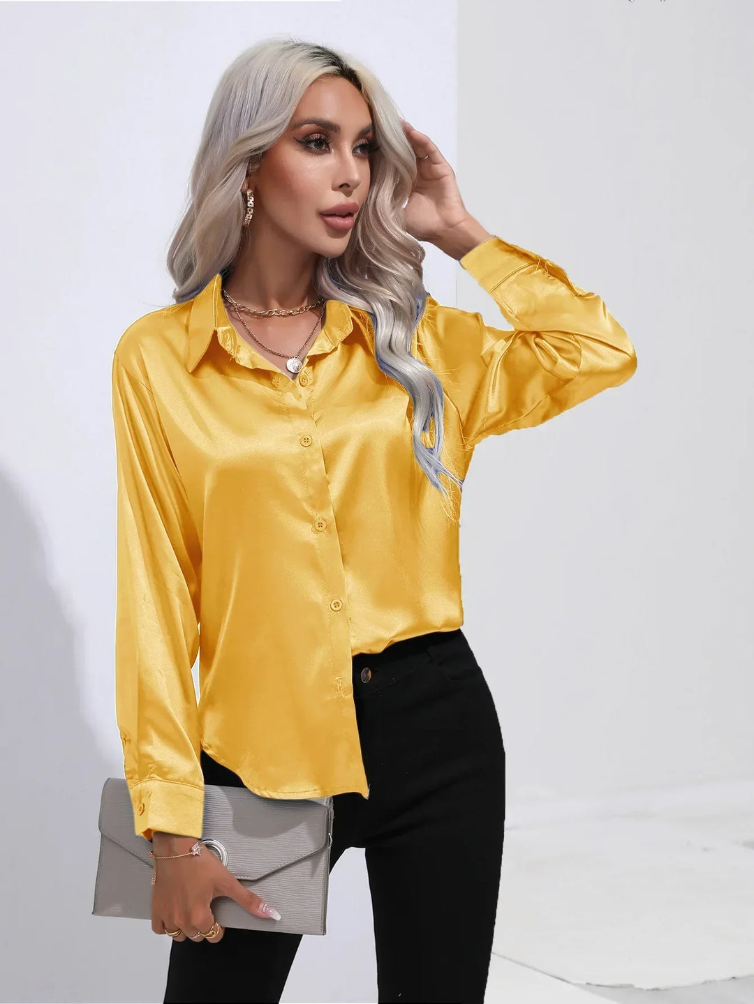 W&W Mode | Elegante Satinbluse Mit V-ausschnitt & Langen Ärmeln