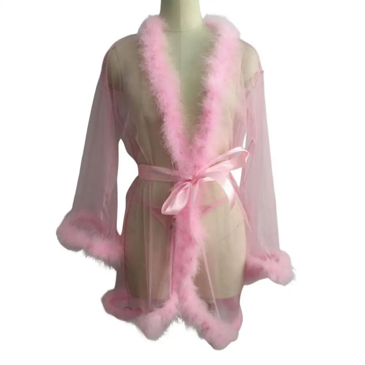 Damen Kleid aus transparentem Tüll mit Federsaum und Satinband