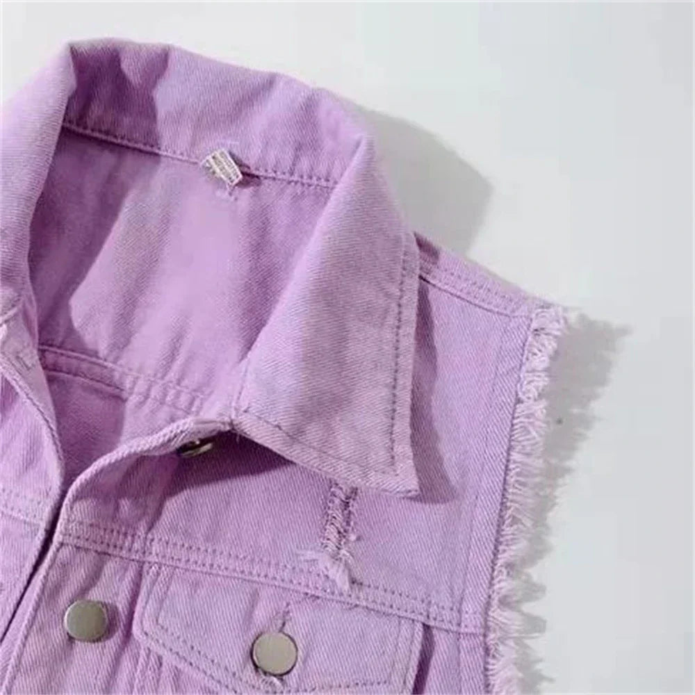 W&W Mode | Denim Weste Ärmellos Ausgefranst Knopfverschluss Klassischer Kragen Lässige Passform