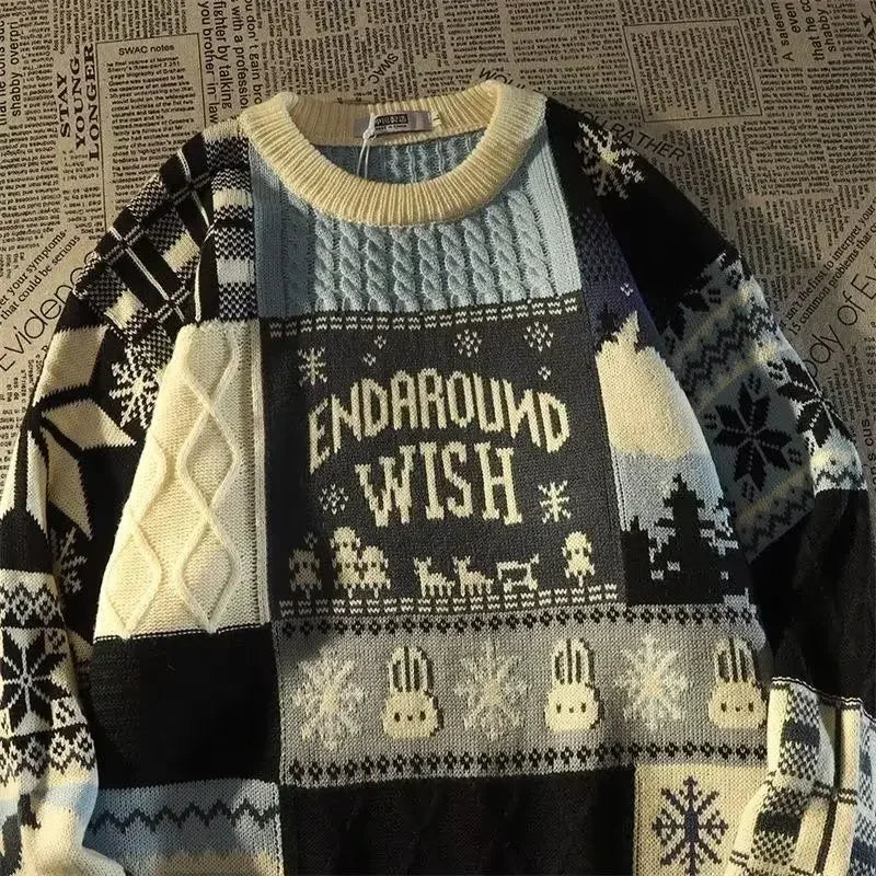 W&W Mode -Hässlicher Weihnachtspulli - Lockerer Retro-Pullover mit V-Ausschnitt und Farbblock-Design