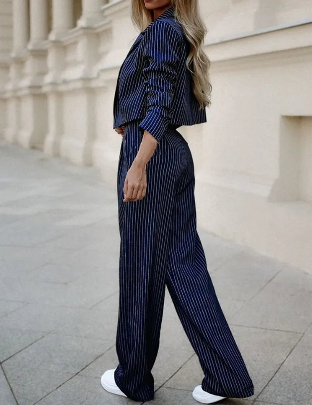 W&W Mode | Gestreifter, Kurz Geschnittener Blazer Und Hose Für Damen, Zweiteiliges Satz
