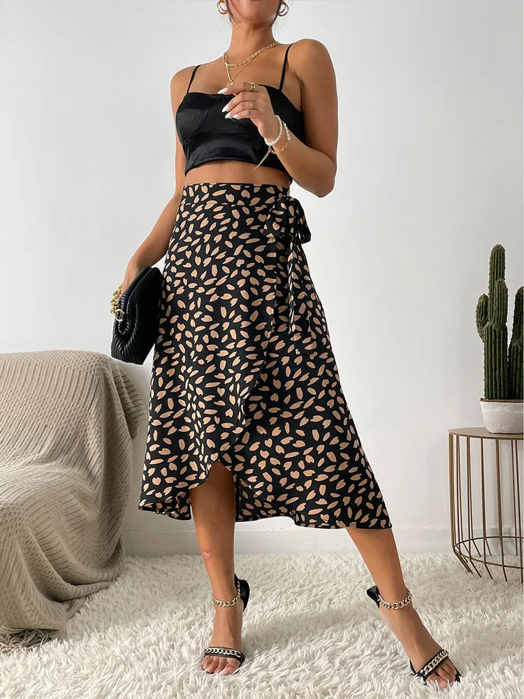 Damen-A-Linien-Rock mit hoher Taille, Bindeseite und asymmetrischem Saum