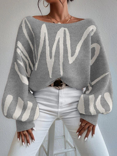 W&W Mode Pullover | Hellgrauer schulterfreier Oversized-Pullover mit Puffärmeln