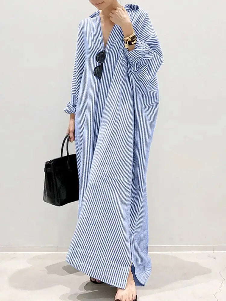 W&W Mode Gestreiftes Kleid | Lässiges oversized Maxi-Kleid mit langen Ärmeln für Damen
