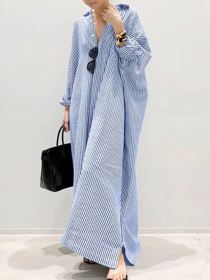 W&W Mode Gestreiftes Kleid | Lässiges oversized Maxi-Kleid mit langen Ärmeln für Damen