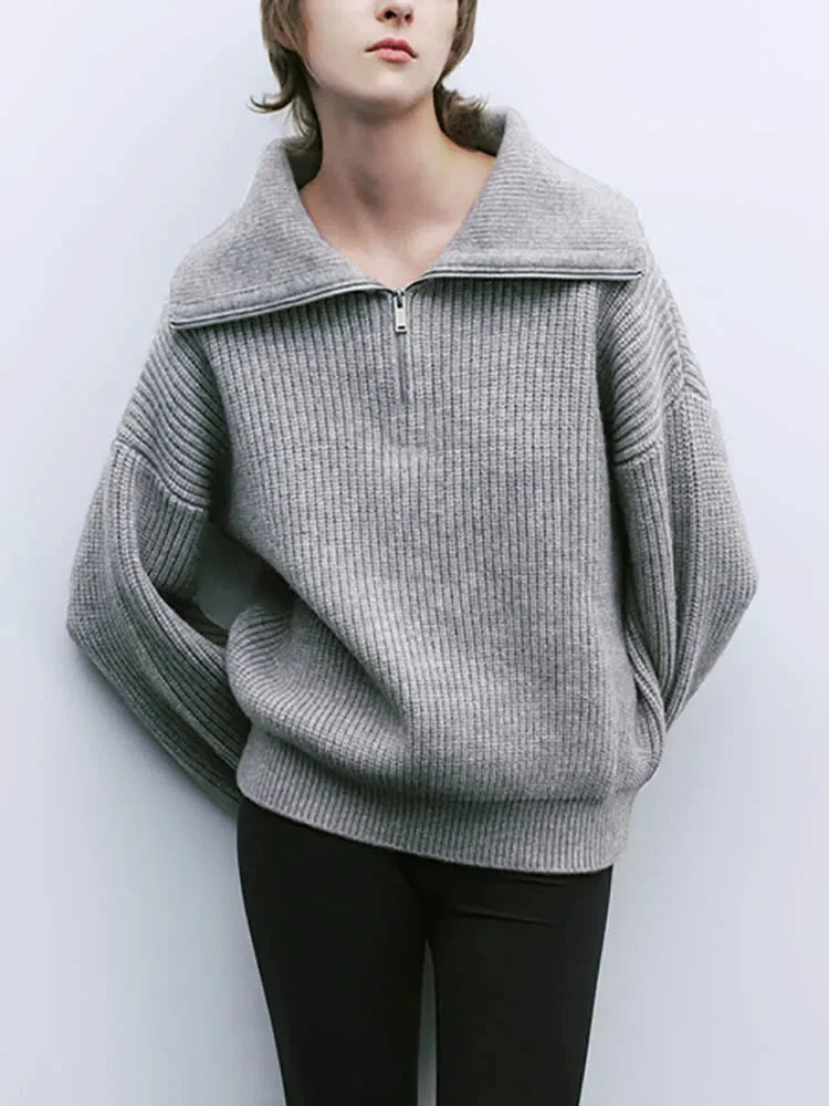 Gestreifter Turtleneck Damenpullover mit Reißverschluss