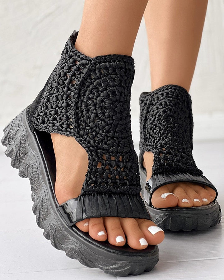 W&W Mode Geflochtene Geometrie-Sandalen | Damen Sommer Keilsandalen