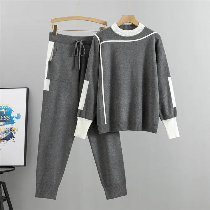 W&W Mode | Lässiges Herbst Strick Patchwork Oberteil und Hose Set für Frauen