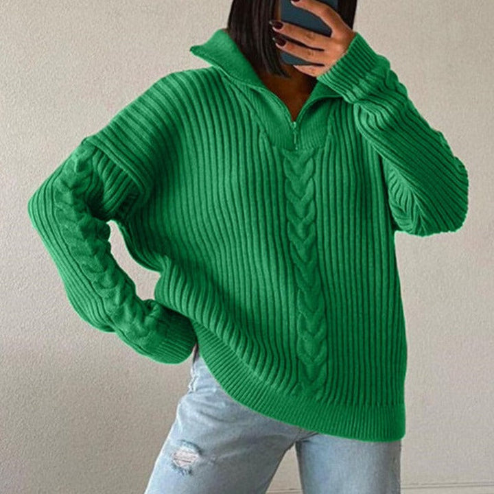 W&W Mode V-Sweater | Bequemer Zopfpullover mit V-Ausschnitt, Rollkragen und Reißverschluss