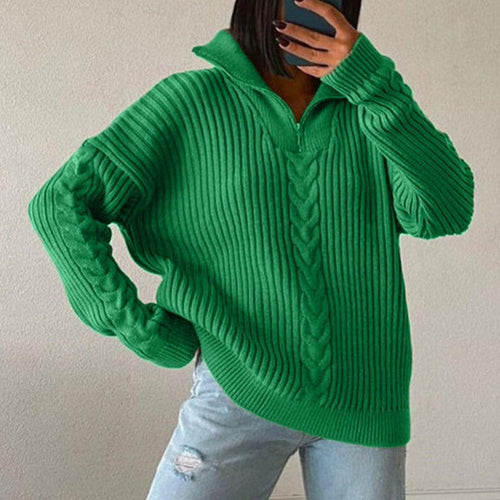 W&W Mode V-Sweater | Bequemer Zopfpullover mit V-Ausschnitt, Rollkragen und Reißverschluss