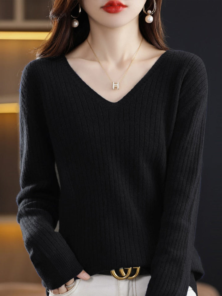 W&W Mode - Strickpullover mit V-Ausschnitt - Damen Elegant Gemusterter Pullover