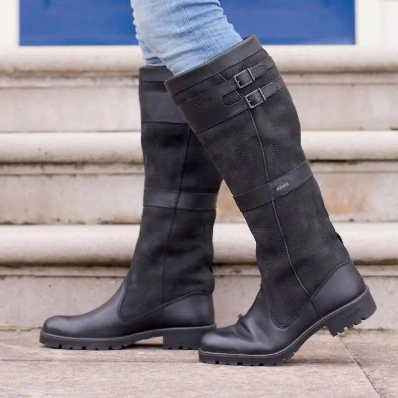 W&W Mode | Outdoor-Stiefel mit hohem Schaft und Schnallen - Leder-Regenstiefel für Damen
