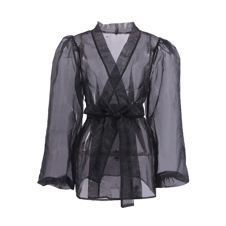 Damen Organza-Bluse mit Bindegürtel und transparentem Stoff