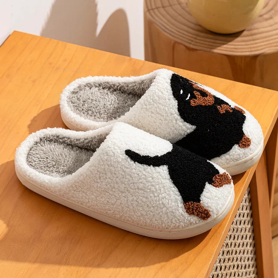 W&W Mode | Damen Slipper Kleine Schwarze Hund Weiche Plüsch Hausschuhe