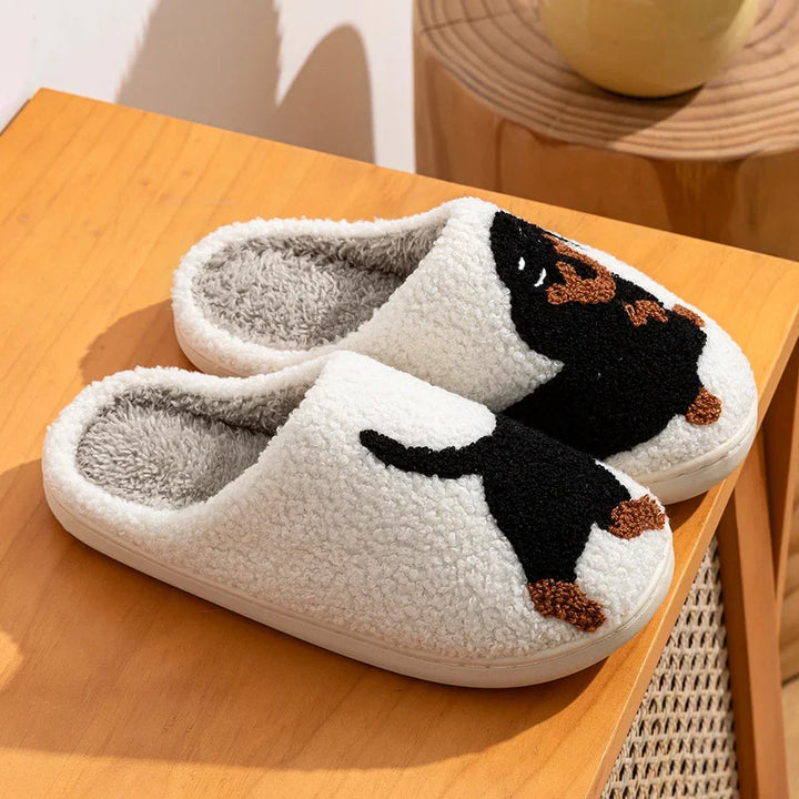 W&W Mode | Damen Slipper Kleine Schwarze Hund Weiche Plüsch Hausschuhe
