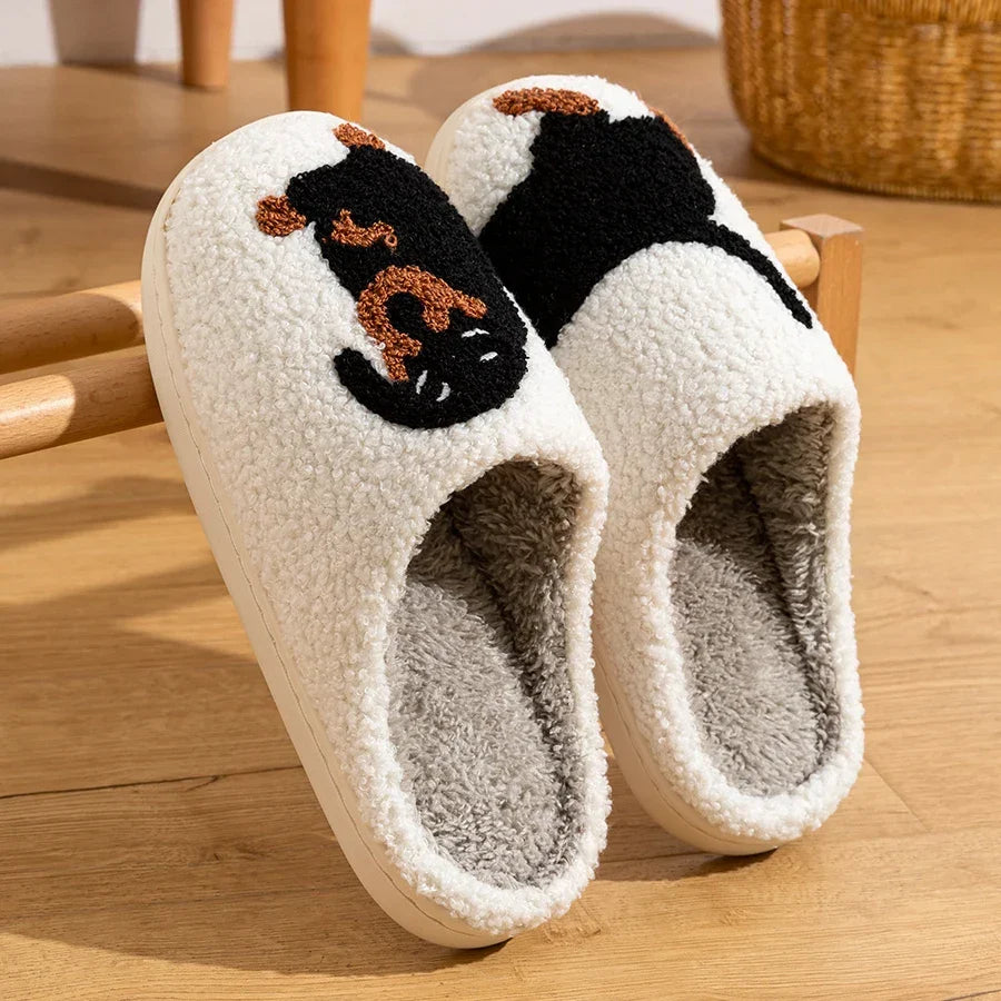 W&W Mode | Damen Slipper Kleine Schwarze Hund Weiche Plüsch Hausschuhe