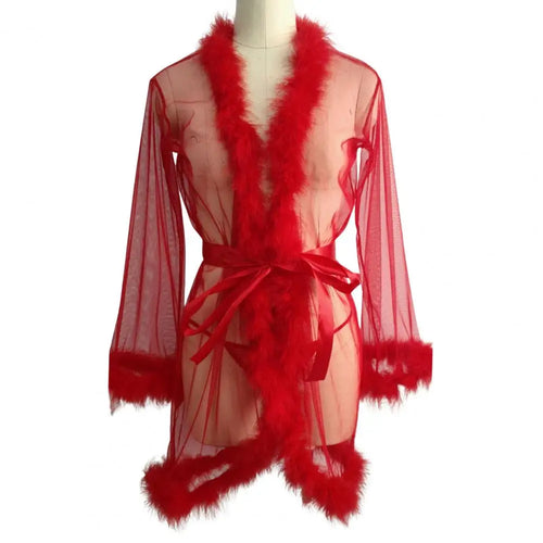 Damen Kleid aus transparentem Tüll mit Federsaum und Satinband