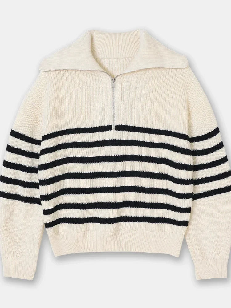 weite Turtleneck Damenpullover mit gestreiftem Revers