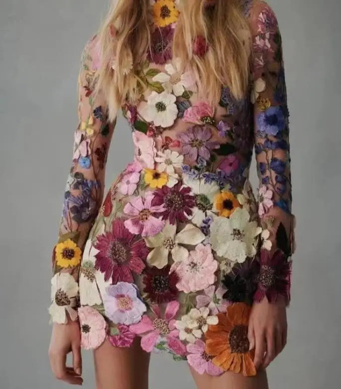 W&W Mode | 3D gesticktes Mesh-Kleid mit Blumen für Damen