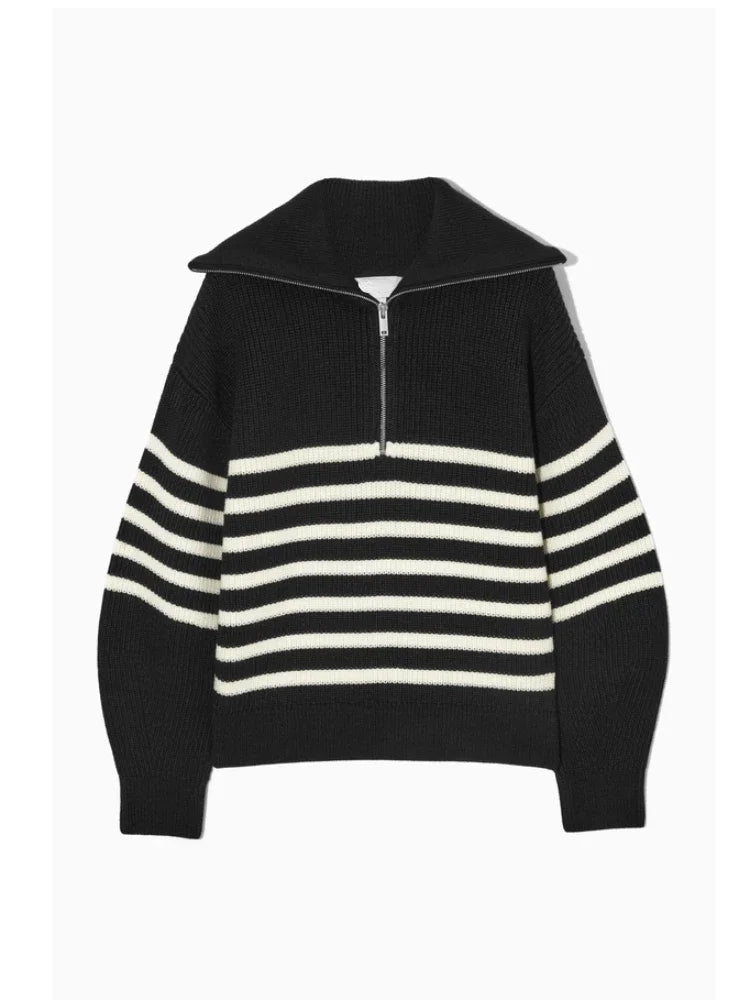weite Turtleneck Damenpullover mit gestreiftem Revers