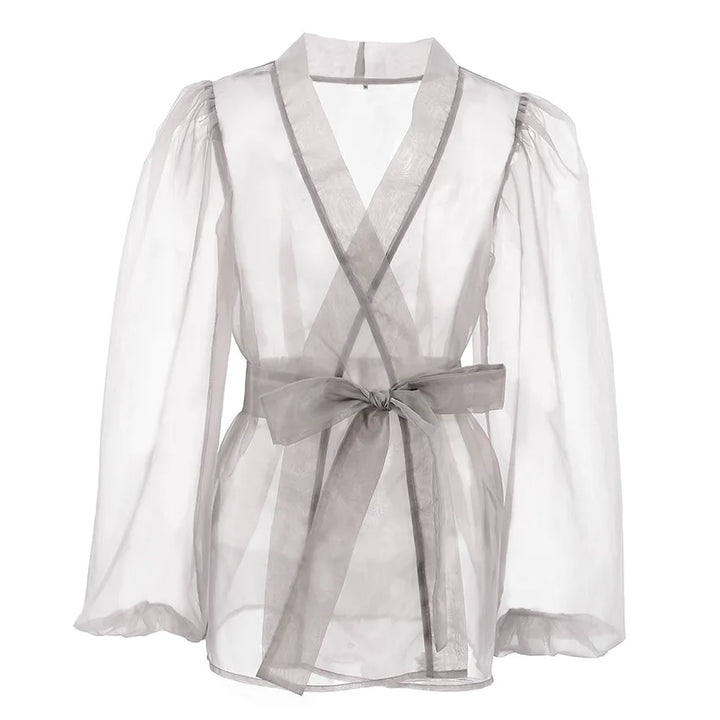 Damen Organza-Bluse mit Bindegürtel und transparentem Stoff