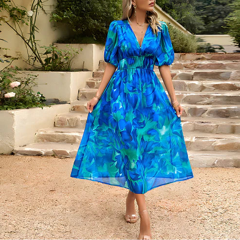 W&W Mode Floral Kleid | Modernes elegantes Maxikleid mit V-Ausschnitt und Blumen