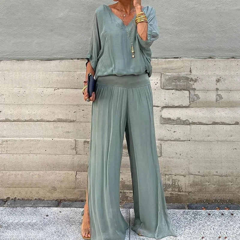 W&W Mode | Elegantes Zweiteiliges Set Aus Chiffonoberteil Und Hose Mit Weitem Bein