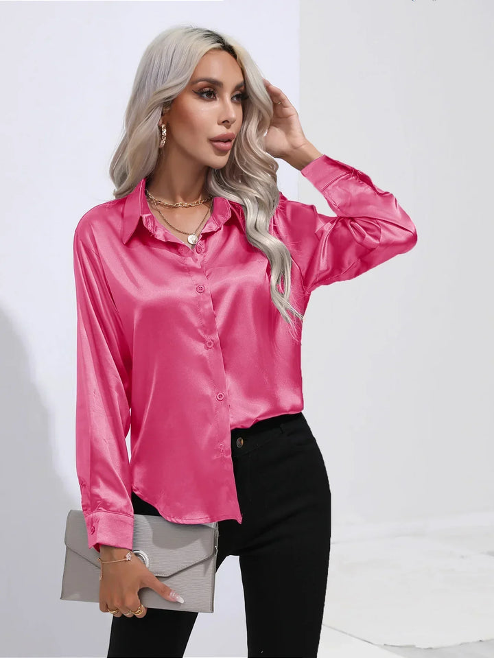 W&W Mode | Elegante Satinbluse Mit V-ausschnitt & Langen Ärmeln