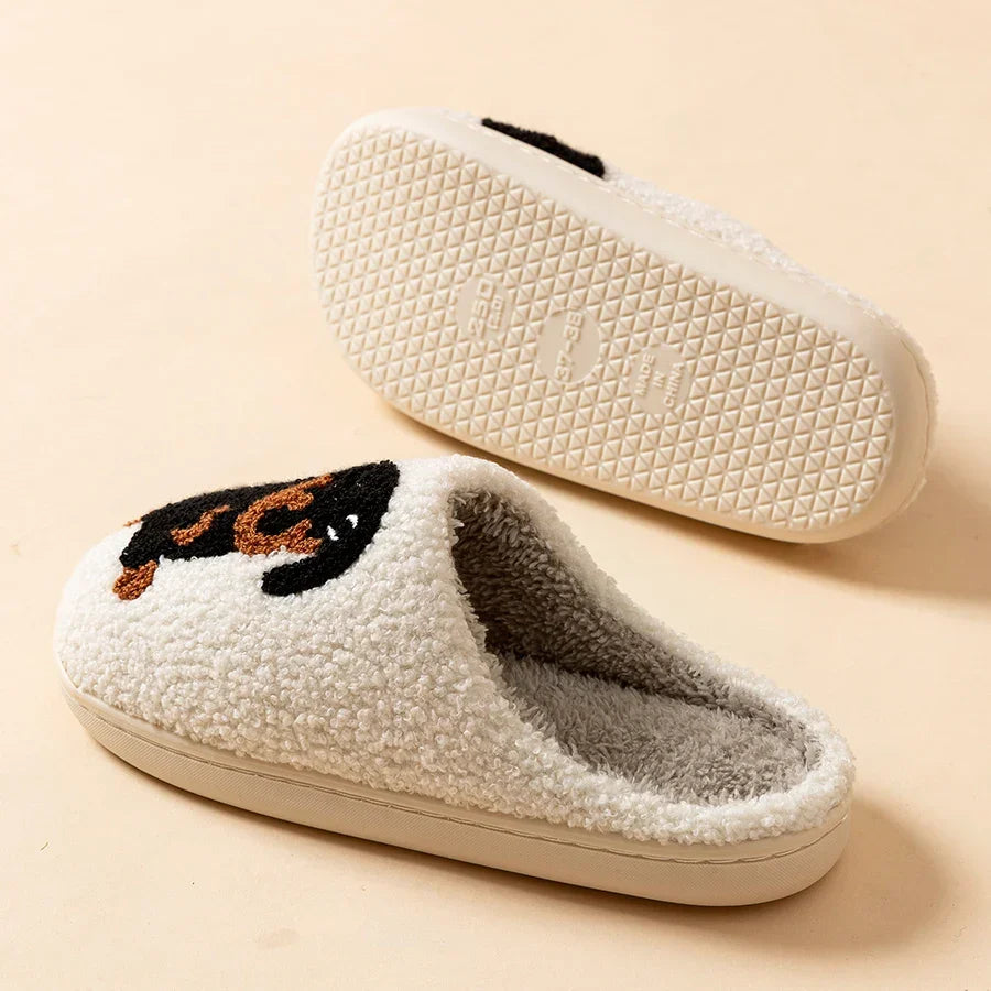 W&W Mode | Damen Slipper Kleine Schwarze Hund Weiche Plüsch Hausschuhe