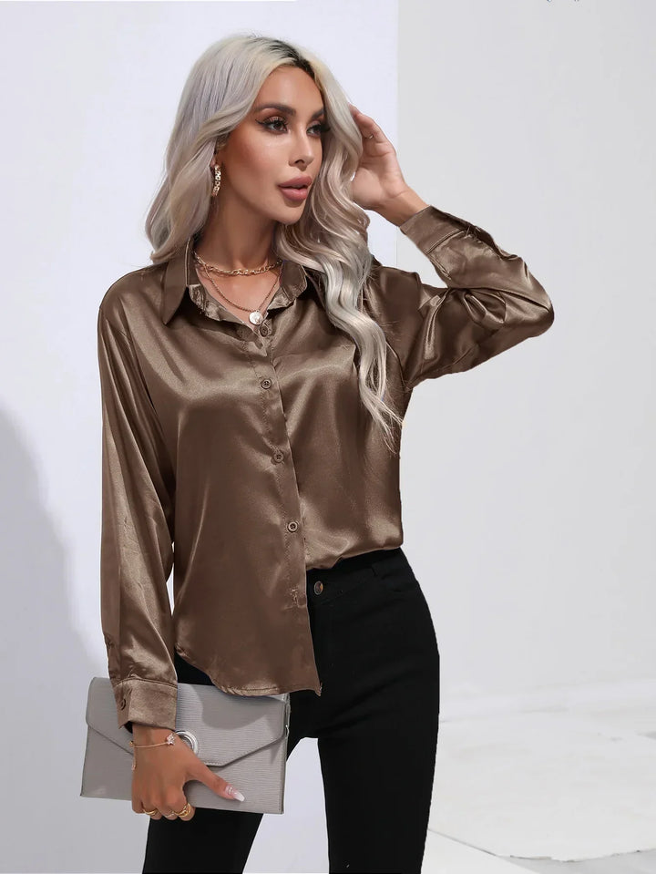 W&W Mode | Elegante Satinbluse Mit V-ausschnitt & Langen Ärmeln