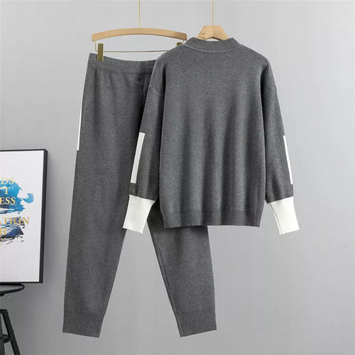 W&W Mode | Lässiges Herbst Strick Patchwork Oberteil und Hose Set für Frauen